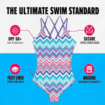 Kanu Surf Girls' Reese UPF 50 Beach Sport Criss-Cross One Piece Swimsuit, Nina Purple Multi, 8