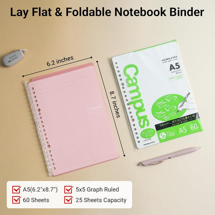 Kokuyo Campus Smart Ring Binders 3 Pack, A5 Binder Notebooks + 60 Sheets Graph Filler Paper, 25 Sheet Capacity, 20 Ring, Slim Binder Folder for Meeting and Classes, Light Color, Japan Import