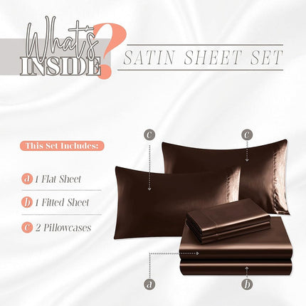 Elegant Comfort Luxurious 4-Piece Silky Satin Sheet Set, Skin and Hair Friendly, Wrinkle, Fade, Stain Resistant with Deep Pockets Fitted Sheet, Cooling Soft Satin Sheet Set, Twin, Chocolate Brown