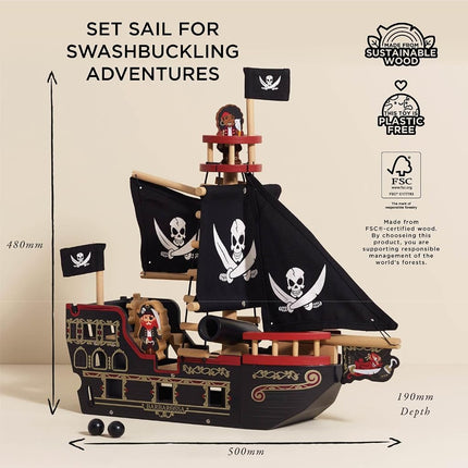 Le Toy Van - Wooden Educational Pirates Collection Barbarossa Pirate Ship With Cannon, Cannon Balls, Plank, Trap Door and Anchor | Pretend Play Pirate Toys, Black, Medium