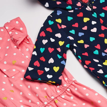 Carter's Baby Girls' 2-Pack One-Piece Romper, Navy Heart/Pink Dot, 18 Months