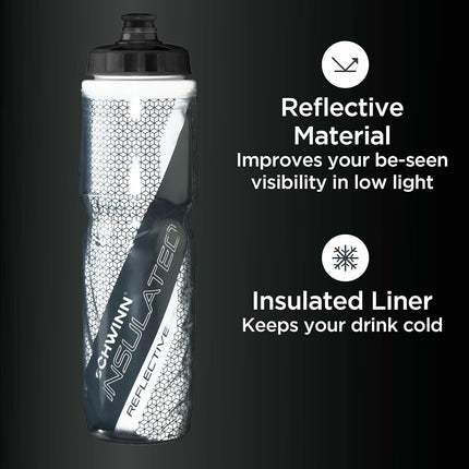 Bouteille d'eau isotherme réfléchissante Schwinn avec support pour vélo, 769 ml, sans BPA, buse à double étape, facile à presser, support facilement montable sur vélo, visibilité nocturne, combo porte-bouteille d'eau pour vélo