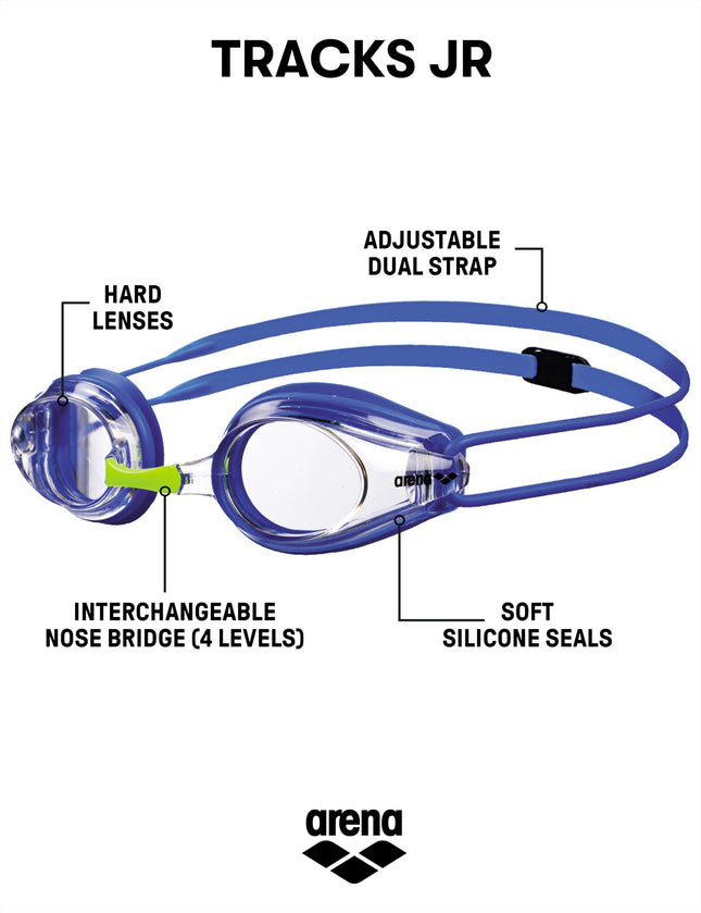 ARENA JR Children's Swimming Goggles Glasses for Competition and Training – Tracks blue Clear/Blue Size:One Size, Junior