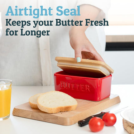 PriorityChef Extra Large Butter Dish with Lid for Countertop, Ceramic Butter Container with Airtight Cover, Butter Keeper for Counter or Fridge, Butter Holder Storage, Red