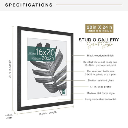 MCS Studio Gallery 20x24 Matted Poster Frame with 16x20 Picture Display, Black Woodgrain Engineered Wood Vertical & Horizontal Wall Hanging Large Picture Frame for Photos, Posters & Art Prints (1-Pack