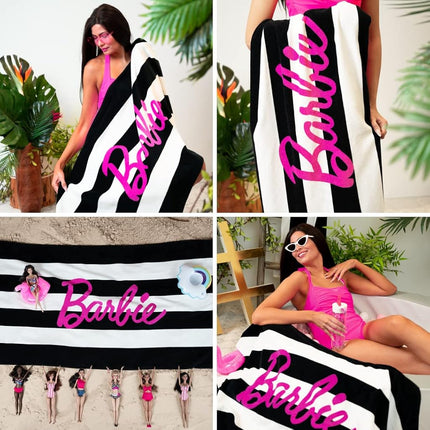 Franco Barbie Movie Black & White Striped Soft Cotton Bath/Pool/Beach Towel, 60 in x 30 in, (100% Officially Licensed Barbie Product) Collectibles