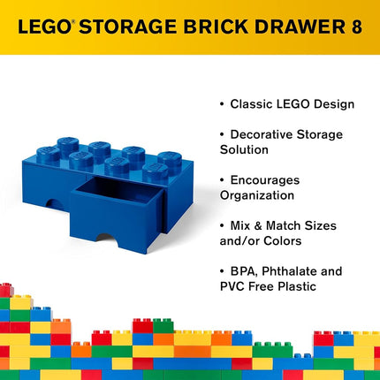 Lego Brick Drawer, 8 Knobs, 2 Drawers, Stackable Storage Box, Bright Blue