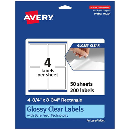 Avery Glossy Clear Rectangle Labels with Sure Feed, 4.75" x 3.75", 200 Glossy Clear Labels, Print-to-The-Edge, Laser/Inkjet Printable Labels