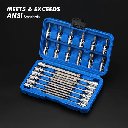 CASOMAN 3/8"Drive Extra Long and Standard Torx Bit Socket Set, 24 Piece Torx Star Bit Set, T10 to T60, Length: 150mm, CR-V & S2 Steel