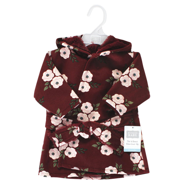 Hudson Baby Unisex Baby Mink with Faux Fur Lining Pool and Beach Robe Cover-ups, Burgundy Floral, 12-18 Months