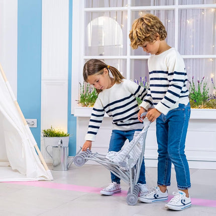 Jc Toys - Umbrella Foldable Pram for Dolls up to 45 cm, Ideal for Playing and Walking, White and Pink Stripes, Elephant Decoration, Designed by Berenguer, +2 Years Old