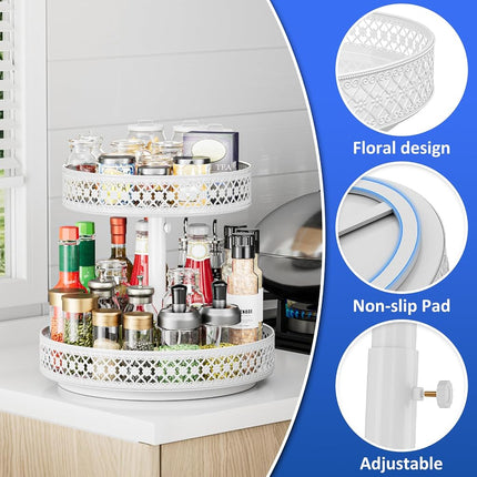 Lazy Susan Organizer 2 Tier - Turntable Spice Rack 12 inch Adjustable Metal Rotating Lazy Susan for Cabinet Pantry Kitchen Countertop Dining Table Cupboard Bathroom Vanity Storage White
