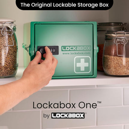 Lockabox One™ - Premium Lockable Medicine Box with Combination Lock, Secure Storage for Medication & Tablets, Fridge Safe, Made in Britain, 31 x 21 x 17 cm (Medi Green)