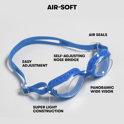 arena Air-Soft Unisex Adult Swimming Goggles, Swimming Goggles with Wide Lenses, with Anti-Fog Treatment and UV Protection, Self-Adjusting Nose Bridge, Air Seals