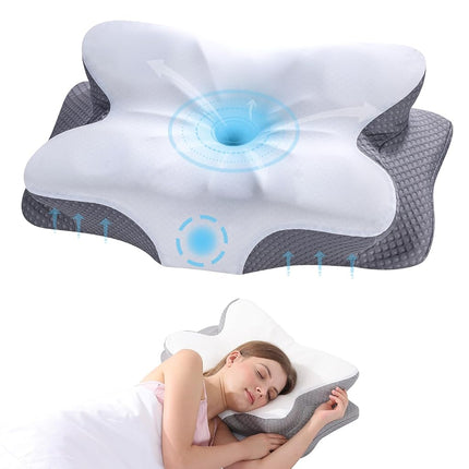 Cervical Neck Pillow - Memory Foam Pillow for Neck Support and Pain Relief, Ergonomic Contour Pillow for Side Back and Stomach Sleepers, Soft and Cooling Ice Silk Washable Pillowcase