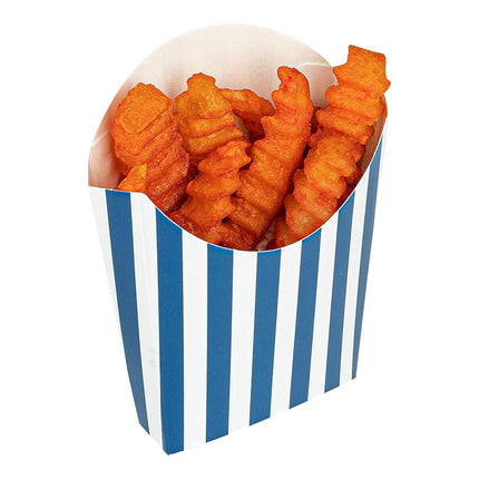 Bio Tek 3.9 x 2.6 x 3.5 Inch French Fry Cup, 100 Disposable Snack Cups - Stackable, Sustainable, Blue and White 2 Ounce Paper Fry Holder, for Fries, Onion Rings, Popcorn, or Cookies - Restaurantware