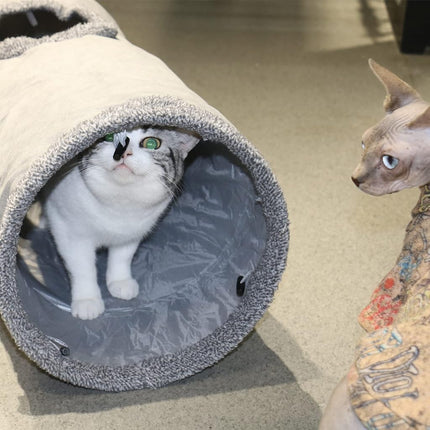 Terunat Cat Tunnel for Indoor Cats, 51×12 inch Foldable Big Cat Tunnel, Grey Suede Pet Tunnels with Two Peepholes and a Bubble Ball