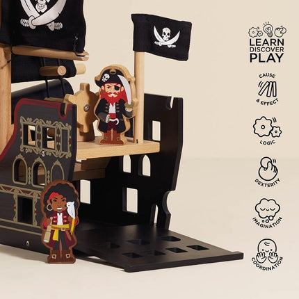Le Toy Van - Wooden Educational Pirates Collection Barbarossa Pirate Ship With Cannon, Cannon Balls, Plank, Trap Door and Anchor | Pretend Play Pirate Toys, Black, Medium