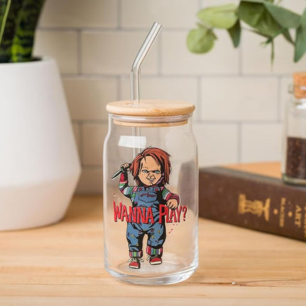 Silver Buffalo Chucky Wanna Play Scary Glass Jar Tumbler with Bamboo Lid and Glass Straw, 16 Ounces