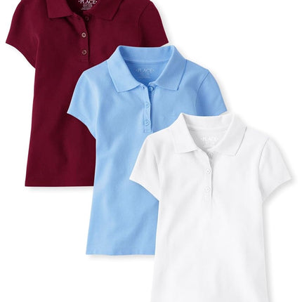 The Children's Place Girls' Multipack Short Sleeve Pique Polos, Rubine/Daybreak/White 3-Pack, Medium