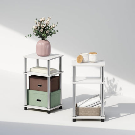 Furinno JUST Night Stand Set of 2, 3-Tier Turn-N-Tube Nightstand, Toolless Bedside Tables, End Table, Side Table with Open Storage for Bedroom, Living Room, White Oak/Stainless Steel