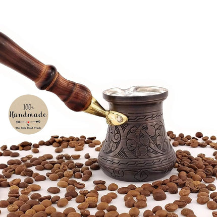 PCA Series (Small-6fl.oz) - Thickest Solid Engraved Antique Copper Turkish Greek Arabic Coffee Pot Heavy Duty with Wooden Handle Stovetop Coffee Maker Jazzve Cezve Ibrik Briki