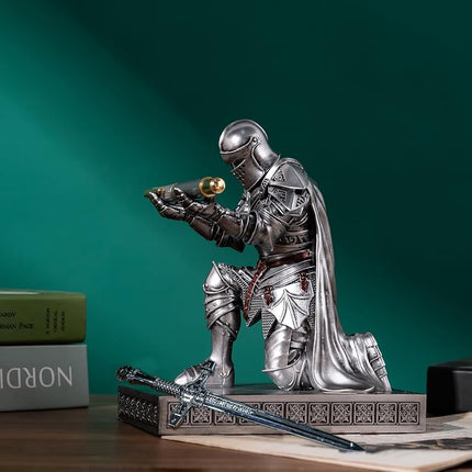 HDMbigmi King's Guard Leader Cloak Warrior Knight Pen Holder Mobile Phone Stand, Ornament Knight Statue, Pen Stand Paperweight with a Metal Sword Letter Opener for Office and Home (Silver)