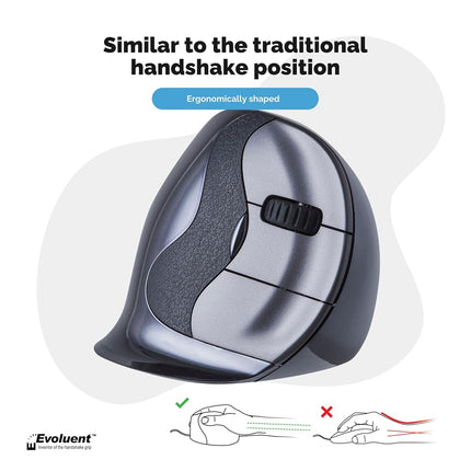 Evoluent VerticalMouse D Featuring Comfortable Handshake Position, Grooved Extended Lip Buttons, Thumb Buttons, Adjustable Pointer Speed With Indicators - Right Handed USB Wireless - Large