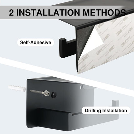 Alise Black Toilet Paper Holder with Shelf SUS304 Stainless Steel Adhesive Toilet Paper Roll Holder Bathroom Tissue Holder Storage Dispenser,Self Adhesive or Wall Mount Drilling