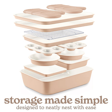 Country Kitchen Nonstick Stackable Bakeware Set - Deluxe Heavy Duty, Durable, Easy Release Baking Set, Taupe, 13 Pcs with Handles