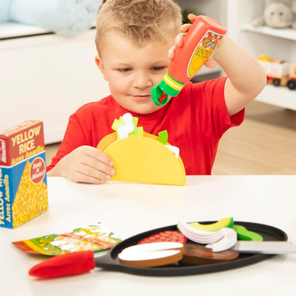 Melissa & Doug Fill & Fold Taco & Tortilla Set, 43 Pieces � Sliceable Wooden Mexican Play Food, Skillet, and More - FSC CertifiedTaco Play Food Set, Pretend Kitchen Toy for Kids Ages 3+