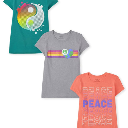 The Children's Place Camisetas gráficas de manga corta con mensaje "Kindness, Love, Equality" para niñas, paquete de 3 (Peace/Earth/Yingyang), talla XX-Large