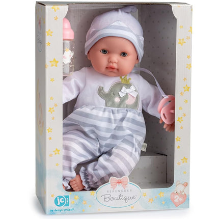 JC TOYS - Berenguer Boutique Soft Body Doll 38 cm, Her Eyes Open and Close, Includes Clothes and Accessories, Grey, Designed by Berenguer, +2 years