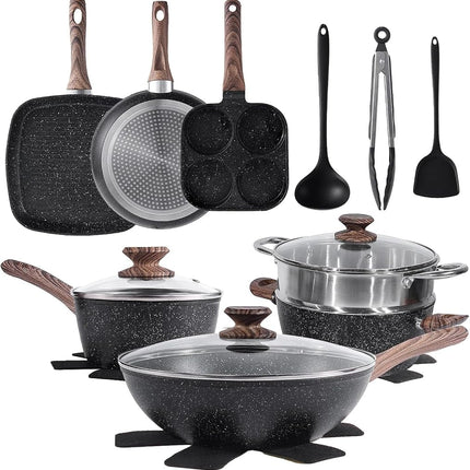 Batterie de cuisine antiadhésive, 17 pièces, avec poêles, casseroles, cuiseur vapeur, non toxique, compatible four et tous feux, couvercles en verre et poignées froides, noir