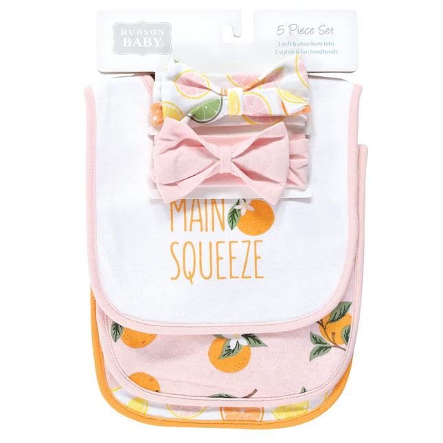 Hudson Baby Unisex BabyCotton Bib and Headband or Caps Set, Citrus Orange, One Size