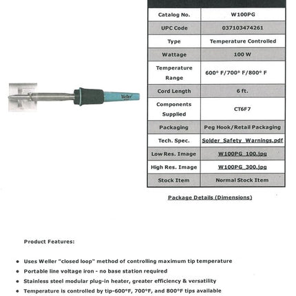 Weller W100PG Weller Farenheit Heavy Duty Soldering Iron with CT6F7 Tip, 100 Watt, 700 Degree
