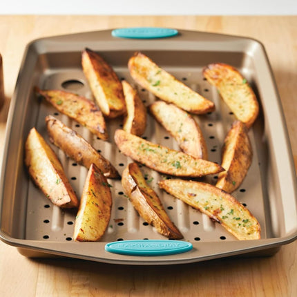 Rachael Ray Cucina Nonstick Bakeware Set with Grips, Nonstick Cookie Sheet/Baking Sheet and Crisper Pan - 2 Piece, Latte Brown with Agave Blue Handle Grips