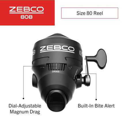 Zebco 808 Spincast Fishing Reel, Powerful All Metal Gears, Quickset Anti-Reverse and Bite Alert, Pre-spooled with 20-Pound Zebco Fishing Line, Clam Pack, Black