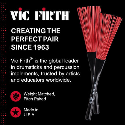 Vic FIrth - Jazz Rake Drum Brushes - Retractable - Red Plastic Brush - Black Handle