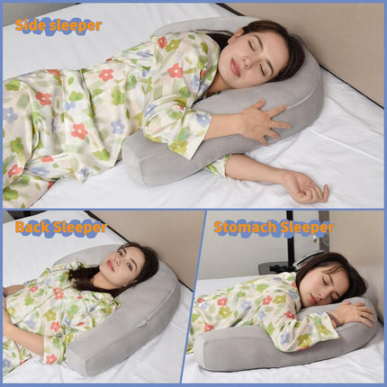 Nockovi 4" Hole Piercing Pillow for Side Sleepers (Pillow with Grey Velvet Pillowcase, J-Shape)