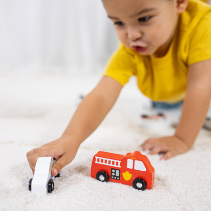 Melissa & Doug Set de vehículos de madera para la ciudad (bandeja de madera para guardar, 9 piezas)