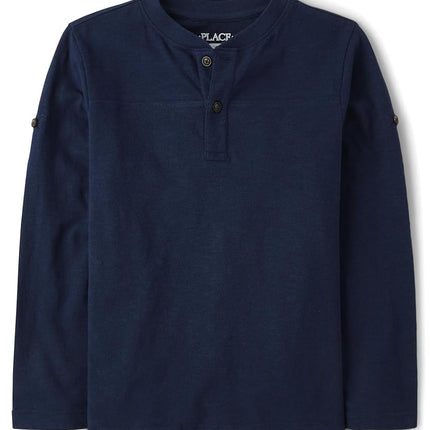 The Children's Place Boys' Long Sleeve Rolled Cuff Henley Shirt, Tidal Blue, Large