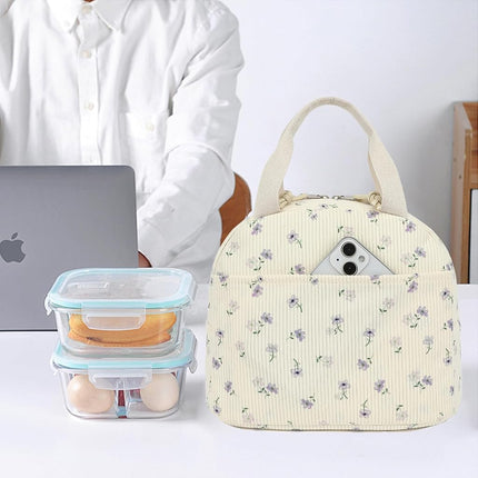Corduroy Lunch Box for Women Girls, Cooler Lunch Bags Reusable Insulated Lunchbox for Picnic School Work Travel (Flowers Purple)
