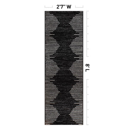 Rugshop Bohemian Stripe Stain Resistant High Traffic Living Room Kitchen Bedroom Dining Home Office Runner Rug 2'7" x 8' Black