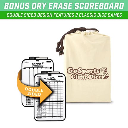 GoSports Giant 3.5 Inch Wooden Playing Dice Set with Rollzee Scoreboard (Includes 6 Dice, Dry-Erase Scoreboard and Canvas Carrying Bag)
