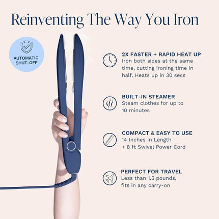 Nori Press Travel Steam Iron - Handheld Iron with 6 Fabric Settings - Navy