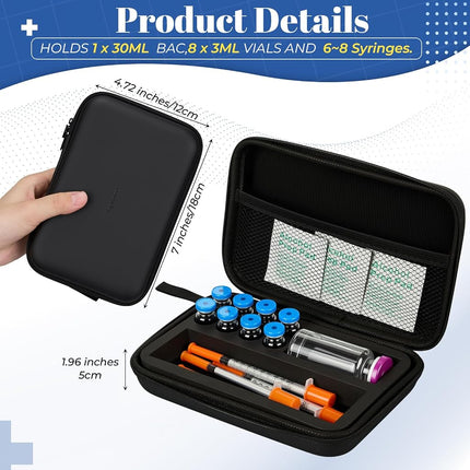 Qunclay Acellegic Peptide Case 8x3 ml + 1x30ml Bac Water Glp1, 3 ml Vial Storage, Peptide Case for Fridge, Insulin Vial Holder, Room for Syringes and Skin Prep Wipes, Black Portable Travel Box