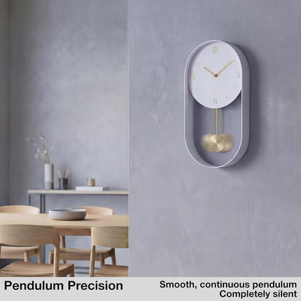Driini Modern Pendulum Wall Clock - Decorative and Unique Metal Frame, with 8 Inch Face - Contemporary, Minimalist Design, with Silent Non Ticking Operation - Includes Both White and Gold Pendelum