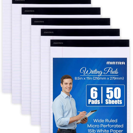 Mintra Office Legal Pads - ((Basic White 6pk, 8.5in x 11in, Wide Ruled)) - 50 Sheets per Notepad, Micro Perforated Writing Pad, Notebook Paper for School, College, Office, Business