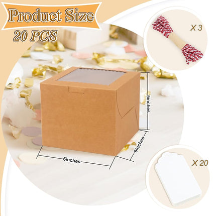 DOYIDE 20Pcs Mini Cake Boxes with Window, 6x6x5 Inches Brown Bakery Boxes, Small 4 Cupcake Boxes, Cake Packaging for Pastries, Cookies, Chocolates, Cupcakes, Birthday Party, Wedding